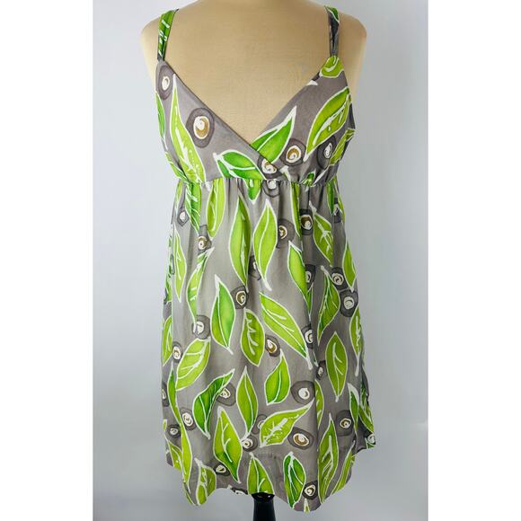 Vince. Size 8 Empire Waist Silk Mini Dress Gray Green Sundress Leaf Leaves Boho - Picture 1 of 11